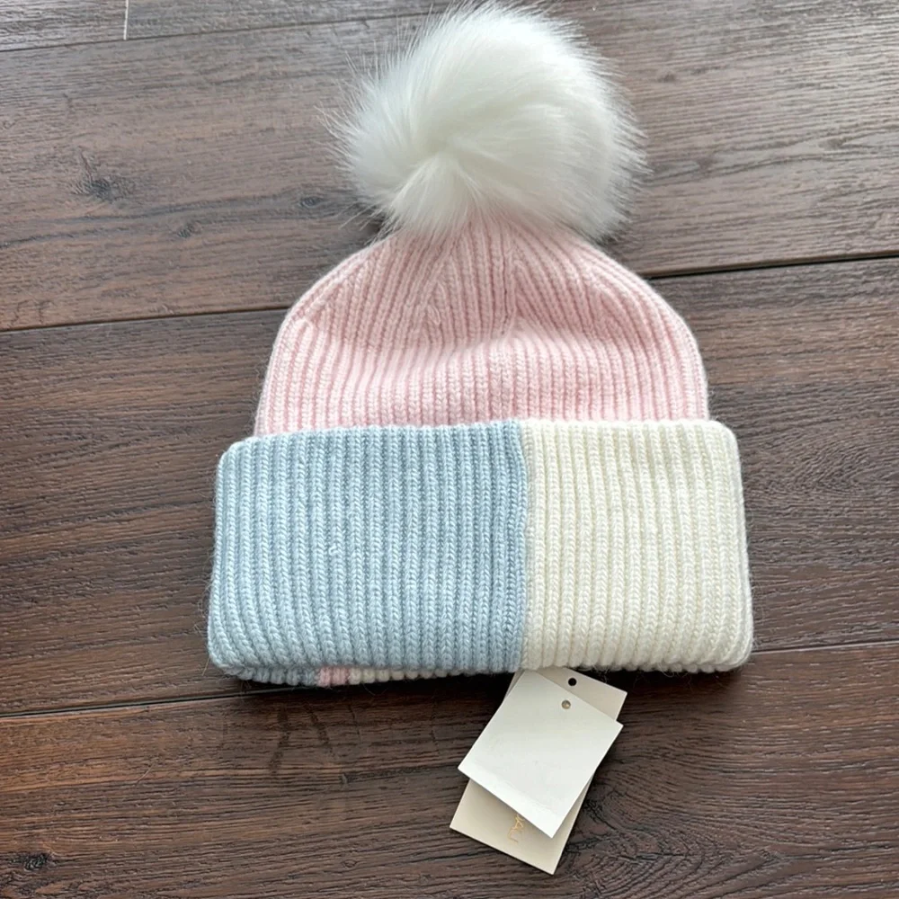 Adrienne Landau NWT Pink and Blue Combo Knitted Pom-Pom Beanie Hat